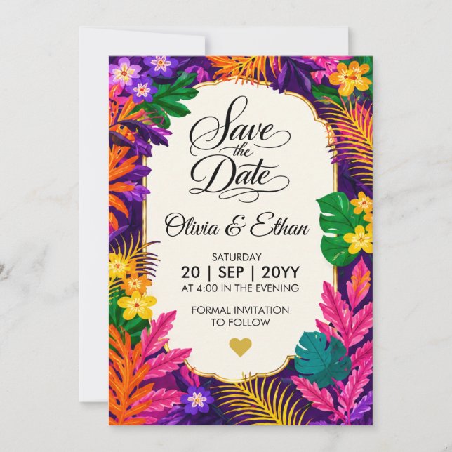 Reserva La Fecha Diseño Floral de Hojas Tropicales (Anverso)