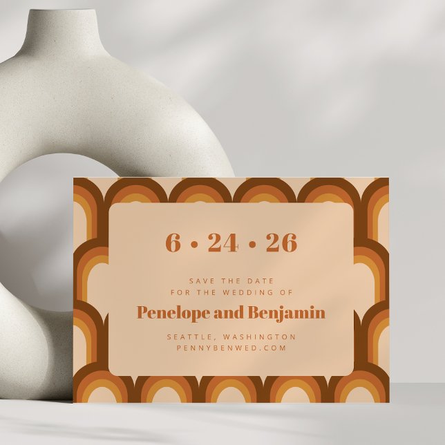 Reserva La Fecha Diseño Retro Groovy 70s Boda Bohemio Marrón (Subido por el creador)