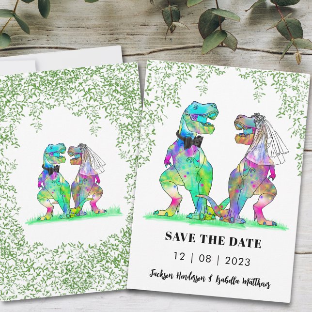 Reserva La Fecha Diversión de boda con tema de dinosaurios (Funny dinosaur wedding save the date invitation with colorful T-Rex bride and groom )