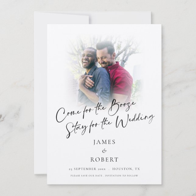 Reserva La Fecha Diversión Ven Para Booze Foto Superpuesta Boda Gay (Anverso)