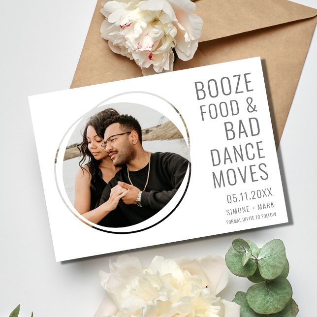 Reserva La Fecha Divertido Boda Foto Guardar la fecha (Funny Booze Food Bad Dance Moves Wedding Photo Save the Date)