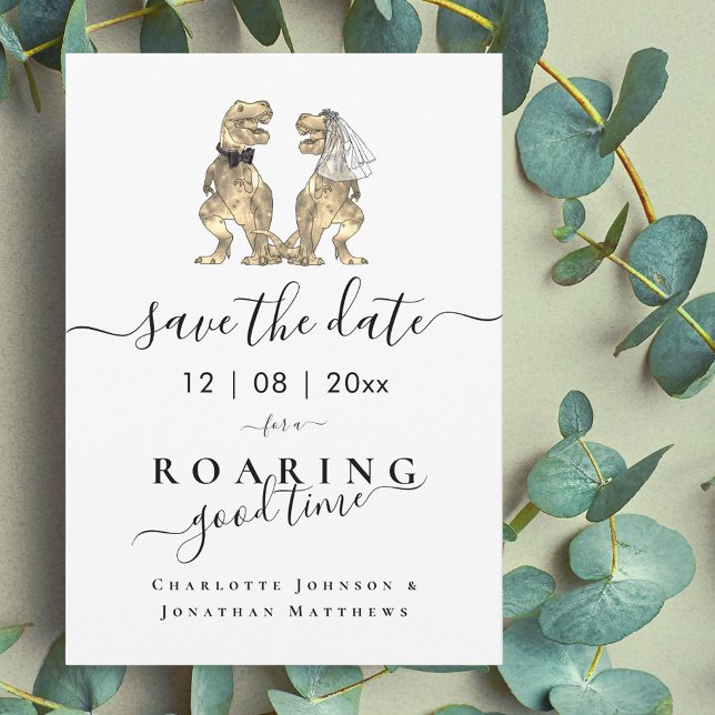 Reserva La Fecha Divertido Boda temático de dinosaurios (Funny dinosaur wedding save the date T-Rex bride and groom dino elegant script)