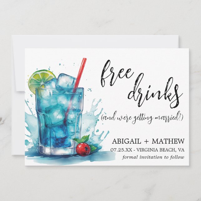 Reserva La Fecha Divertido Cóctel de Cereza Azul Foto de Moda Boda (Anverso)