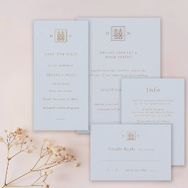 Reserva La Fecha Doble felicidad Boda chino azul y dorado