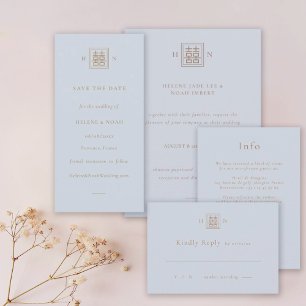 Reserva La Fecha Doble felicidad Boda chino azul y dorado