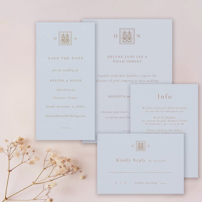 Reserva La Fecha Doble felicidad Boda chino azul y dorado (Subido por el creador)