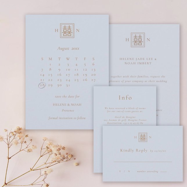 Reserva La Fecha Doble felicidad Boda chino azul y dorado (Subido por el creador)