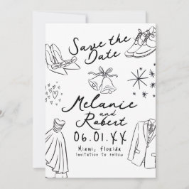 Reserva La Fecha Doodles Dibujados a Mano Novio Novia Blanco Negro