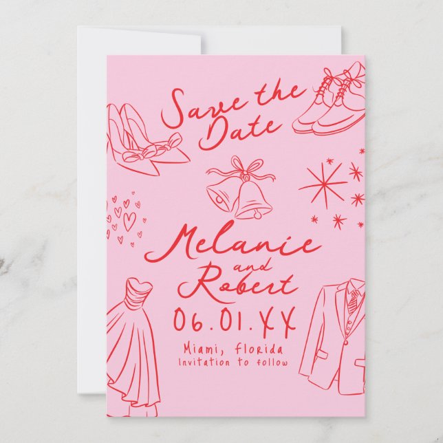 Reserva La Fecha Doodles Hand Drawn Black White Groom Bride  (Anverso)