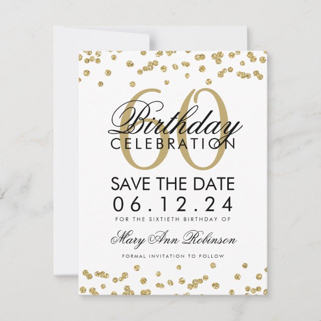 Reserva La Fecha Dorado 60 cumpleaños fecha de salvamento Confetti (Anverso)