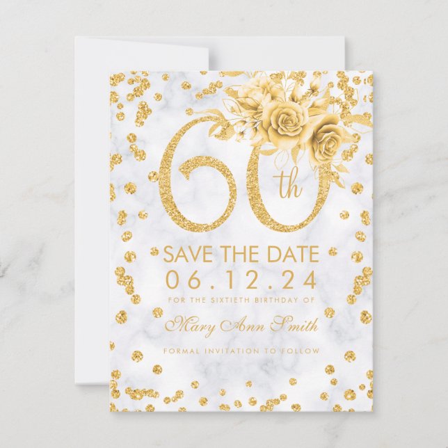 Reserva La Fecha Dorado 60 cumpleaños Glam Marble (Anverso)