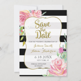 Reserva La Fecha Dorado, Black & White Stripes Floral Save the Date