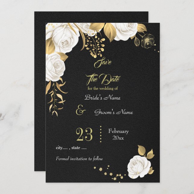 Reserva La Fecha dorado blanco elegante floral negro (Anverso / Reverso)