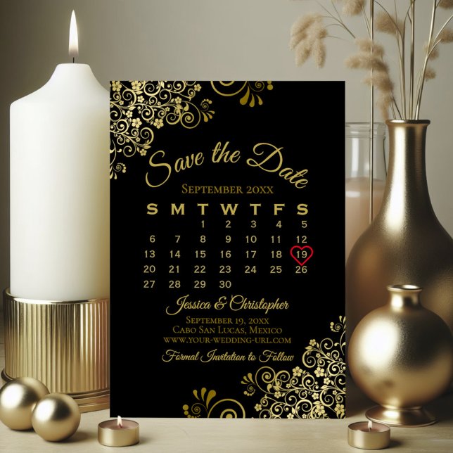 Reserva La Fecha Dorado Frills Black Simple Wedding Calendar (Subido por el creador)
