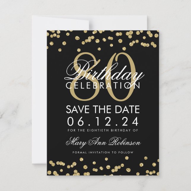 Reserva La Fecha Dorado Negro 80 cumpleaños Save Date Confetti (Anverso)