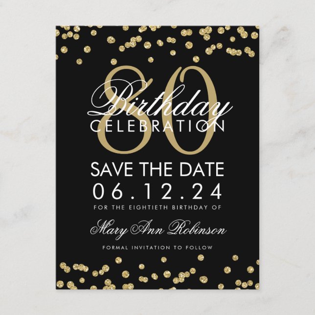 Reserva La Fecha Dorado Negro 80 cumpleaños Save Date Confetti (Anverso)