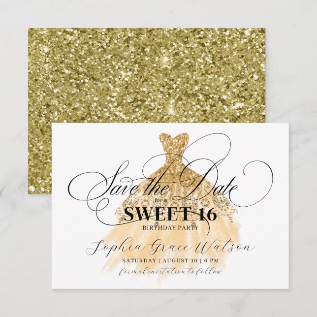 Reserva La Fecha Dorado Purpurina Moda Vestido dulce 16 cumpleaños (Anverso / Reverso)