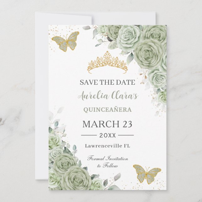 Reserva La Fecha Dorado verde sabio Quinceanera dulce 16 mariposas (Anverso)