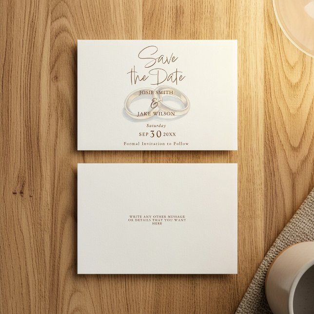 Reserva La Fecha Dos anillos de boda dorado apagados guardar la fec (Two gold wedding rings watercolor muted save the date card.)