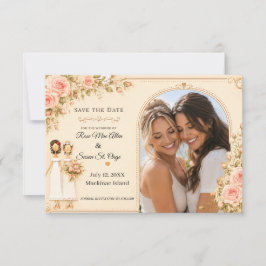 Reserva La Fecha Dos Novias Enrojecen Rosa Floral Lesbiana Boda Fot