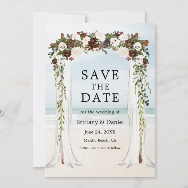 Reserva La Fecha Dosel de Playa de Boda Acuarela Boho Floral (Anverso)