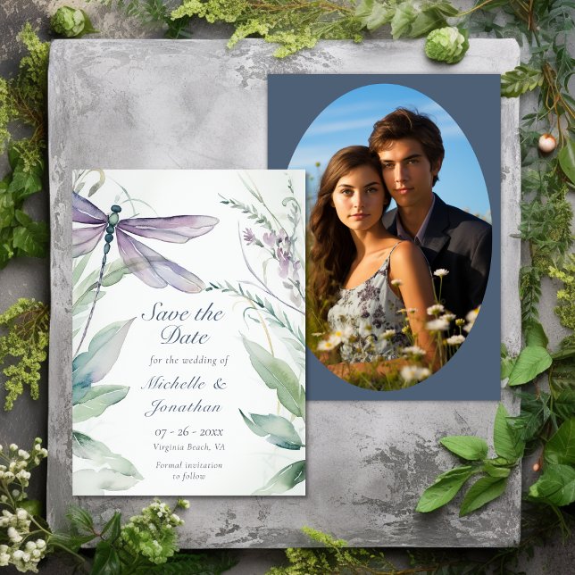 Reserva La Fecha Dragonfly acuarela y Boda fotográfico de vegetació (Watercolor Dragonfly and Greenery Photo Wedding Save The Date)