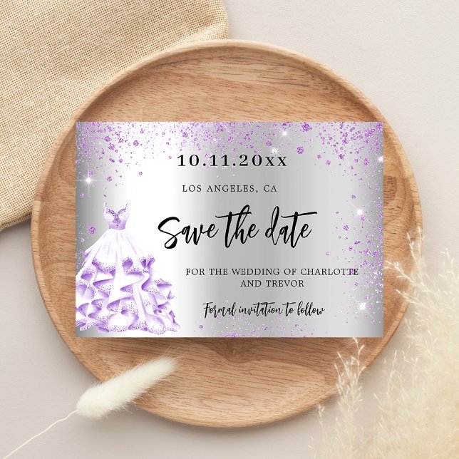 Reserva La Fecha Dress de boda plateado y morado para save the date (Subido por el creador)