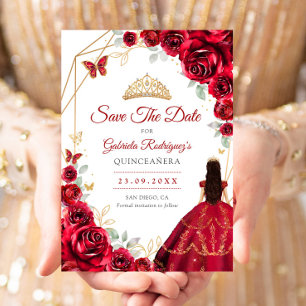 Reserva La Fecha Dress de Rosas Rojas Quinceañera Dorado
