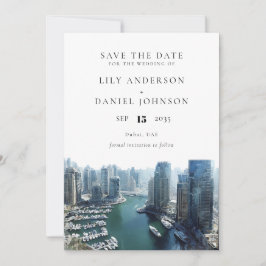 Reserva La Fecha Dubai Skyline Watercolor Elegant Wedding