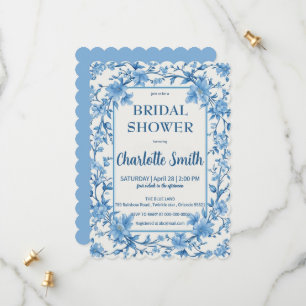 Reserva La Fecha ducha de novia antigua Chinoiserie azul y blanca