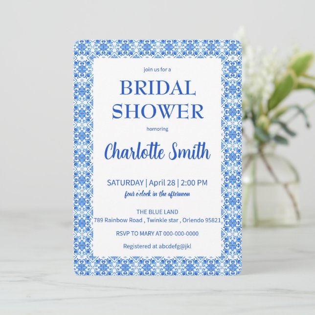Reserva La Fecha ducha de novia antigua de Chinoiserie azul y blanc (Anverso de pie)