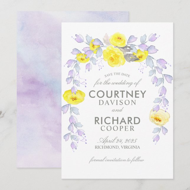 Reserva La Fecha Ducha de novia con rosas amarillas colgantes (Anverso / Reverso)