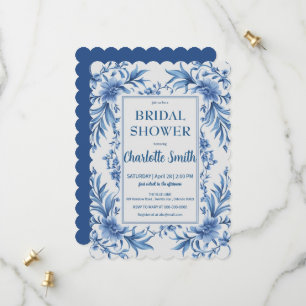 Reserva La Fecha ducha de novia floral de chinoisería azul moderna