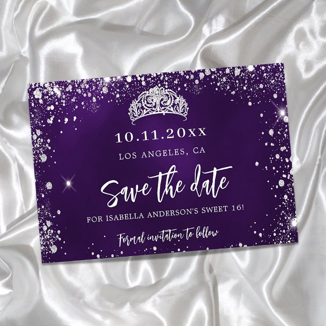 Reserva La Fecha Dulce 16 purpurina de plata morada tiara fiesta (Subido por el creador)