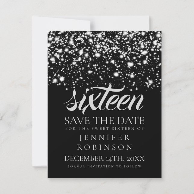 Reserva La Fecha Dulce 16 "Save The Date" Glam Plateado Medianoche (Anverso)