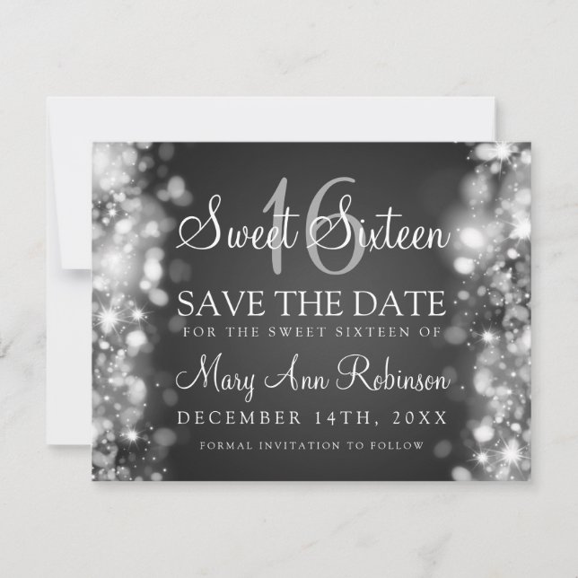 Reserva La Fecha Dulce 16 "Save The Date" Luces Esparkling Silver (Anverso)