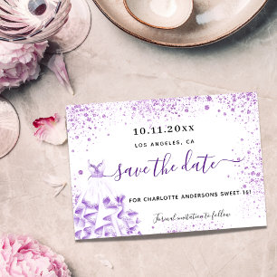 Reserva La Fecha Dulce vestido de 16 violeta blanco chispas