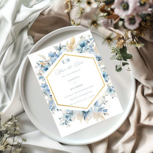 Reserva La Fecha Duste Blue Gold Floral Bloom todo en un Boda