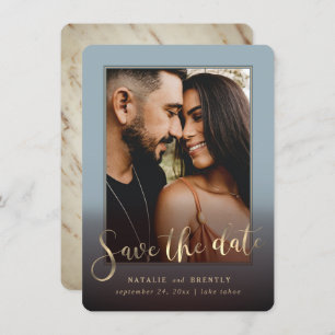 Reserva La Fecha Duste Blue Gold Script & Marble Photo Overlay
