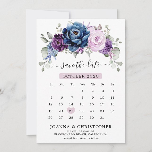 Reserva La Fecha Duste Blue Purple Naval Lilac Blooms Calendario (Anverso)