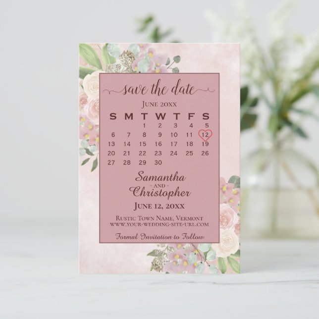 Reserva La Fecha Duste Rosa acuarela Boda floral Calendario (Anverso de pie)