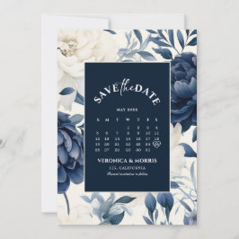 Reserva La Fecha Dusto calendario de acuarela floral azul marino y 