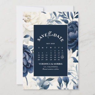 Reserva La Fecha Dusto calendario de acuarela floral azul marino y 