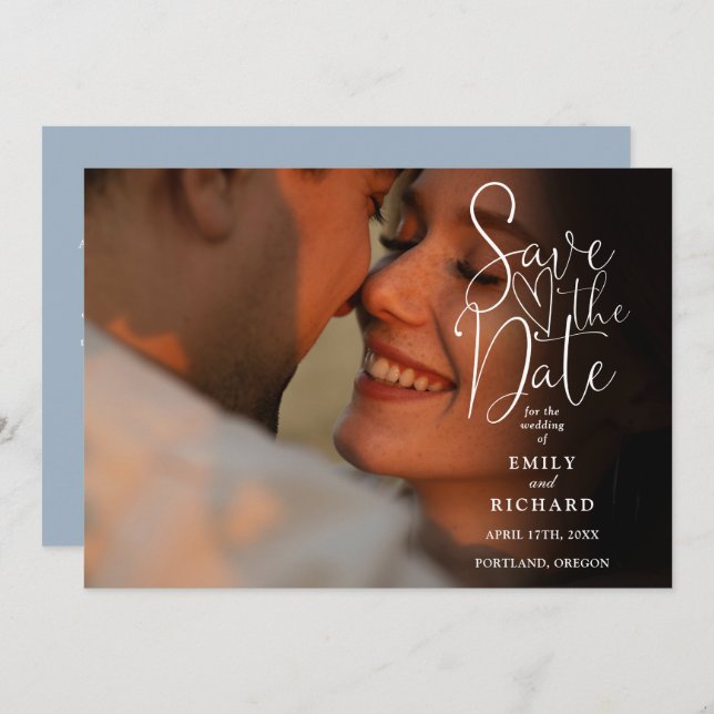 Reserva La Fecha Dusty Blue 2 Photo Elegant Script Boda QR Code (Anverso / Reverso)
