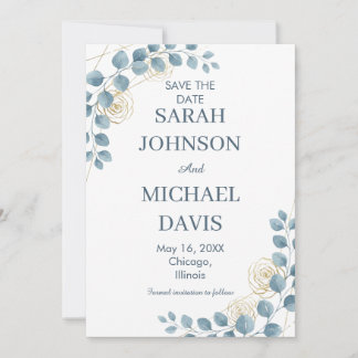 Reserva La Fecha Dusty Blue And Gold Floral Wedding
