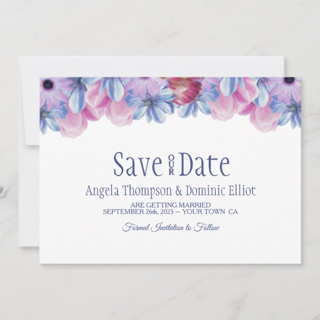 Reserva La Fecha Dusty Blue and Pink Floral Wedding Save the Date (Anverso)