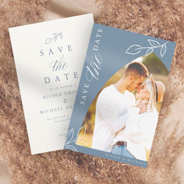 Reserva La Fecha Dusty Blue Arch Boho Foto de hoja mínima (Subido por el creador)