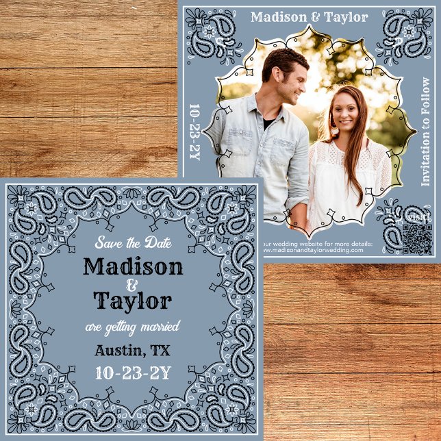 Reserva La Fecha Dusty Blue Bandana Photo Flat Save the Date Card (Dusty blue bandana Save the Date with your photo and a QR code.)