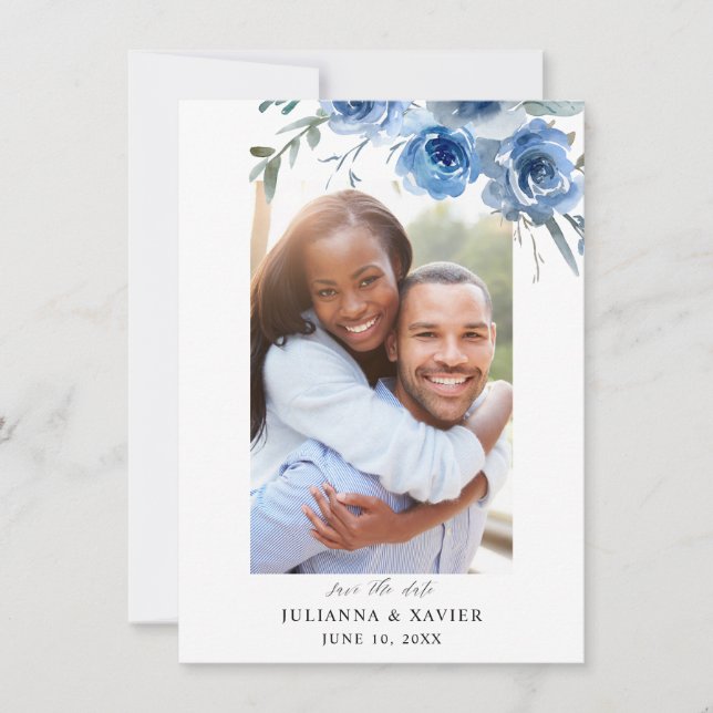 Reserva La Fecha Dusty Blue & Blue Floral Save The Date Photo 2 (Anverso)