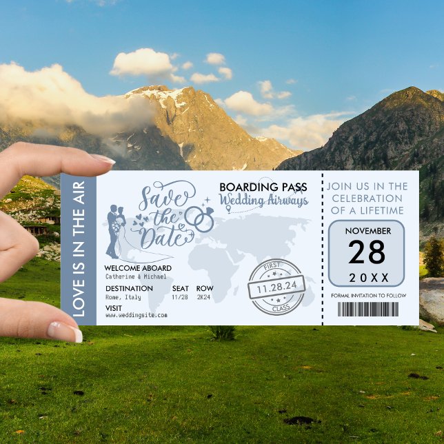 Reserva La Fecha Dusty Blue Boarding Pass Destination Wedding (Subido por el creador)